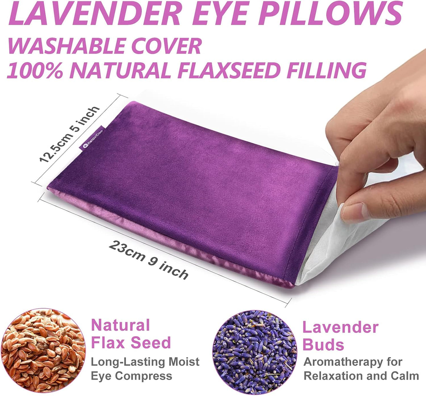 RelaxCoo Lavender Eye Pillow for Relaxation, Yoga, Sleeping, Weighted Eye Mask Heated for Headache, Sinus, Dry Eyes Relief, Moist Heat Eye Compress, Meditation Accessories with Aromatherapy, Pack of 2