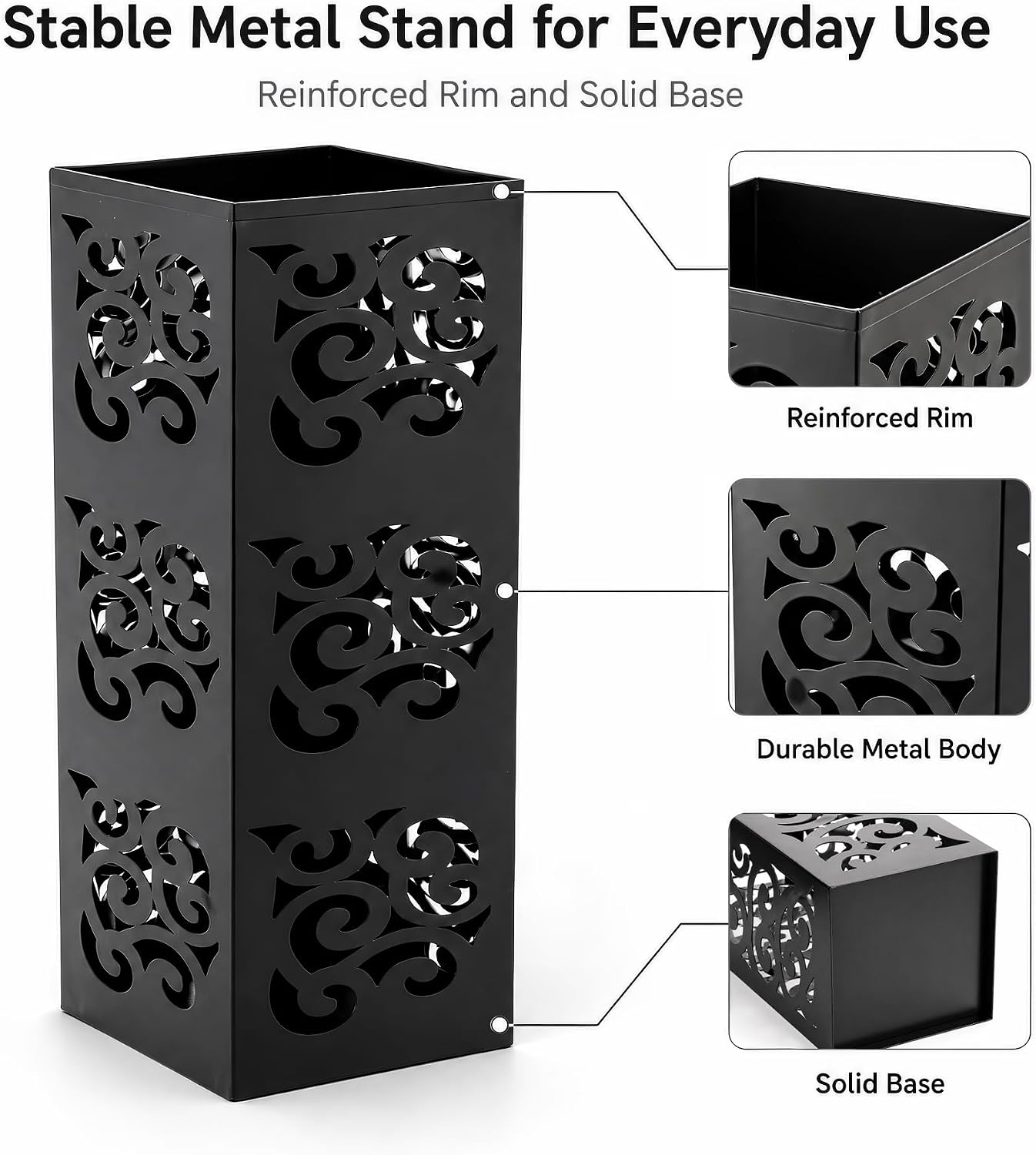 Kingrol Metal Umbrella Holder for Entryway, Square Black Umbrella Stand with Hollow Design, Freestanding Umbrella Rack for Umbrellas, Canes and Walking Sticks, 6 x 6 x 15.75 Inch
