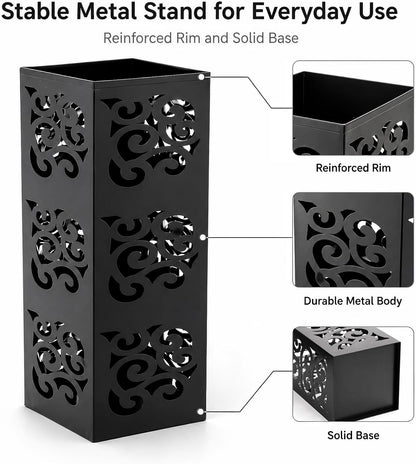 Kingrol Metal Umbrella Holder for Entryway, Square Black Umbrella Stand with Hollow Design, Freestanding Umbrella Rack for Umbrellas, Canes and Walking Sticks, 6 x 6 x 15.75 Inch