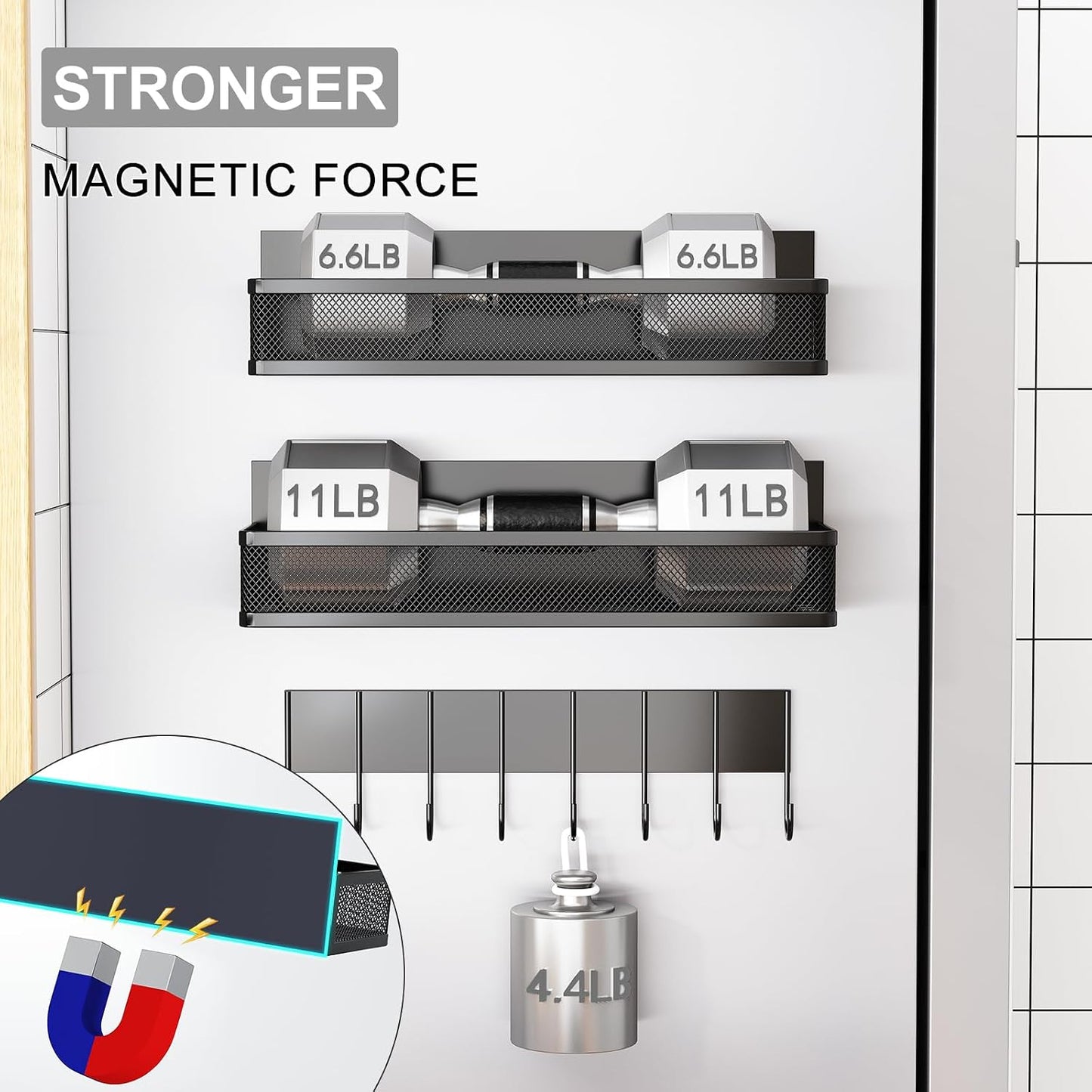 Aufworld Magnetic Spice Rack for Refrigerator, 3 Pack Magnetic Shelf, Moveable Fridge Organizer with 8-Hook Rack, Seasoning Organizer for Kitchen