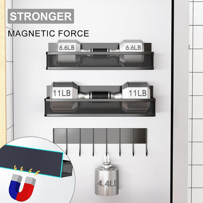 Aufworld Magnetic Spice Rack for Refrigerator, 3 Pack Magnetic Shelf, Moveable Fridge Organizer with 8-Hook Rack, Seasoning Organizer for Kitchen