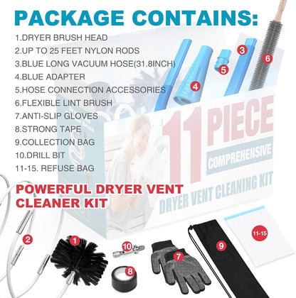 Sealegend 15-Piece 25-Feet Dryer Vent Cleaner Kit, Dryer Cleaning Tools, Omnidirectional Dryer Lint Vacuum Attachment, Dryer Vent Brush, Universal Vacuum & Dryer Adapters (Blue) | Omnidirectional Blue Dryer Lint Vacuum Attachment & Lint Trap Brush Clean