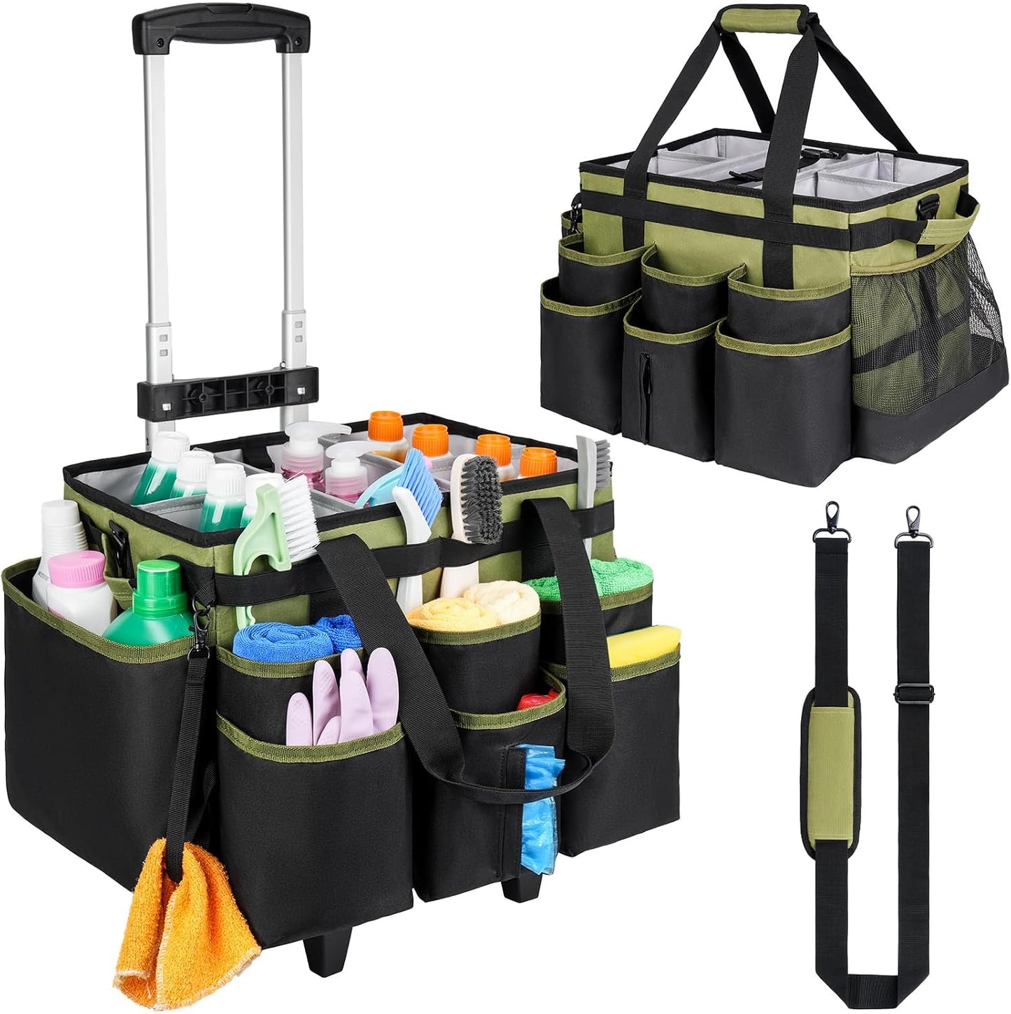 Large Rolling Cleaning Caddy Bag with Detachable Trolley,Cleaning Cart on Wheels with Shoulder Strap,Cleaning Supplies Organizer for Housekeepers,Purple