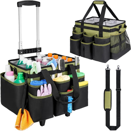 Large Rolling Cleaning Caddy Bag with Detachable Trolley,Cleaning Cart on Wheels with Shoulder Strap,Cleaning Supplies Organizer for Housekeepers,Purple