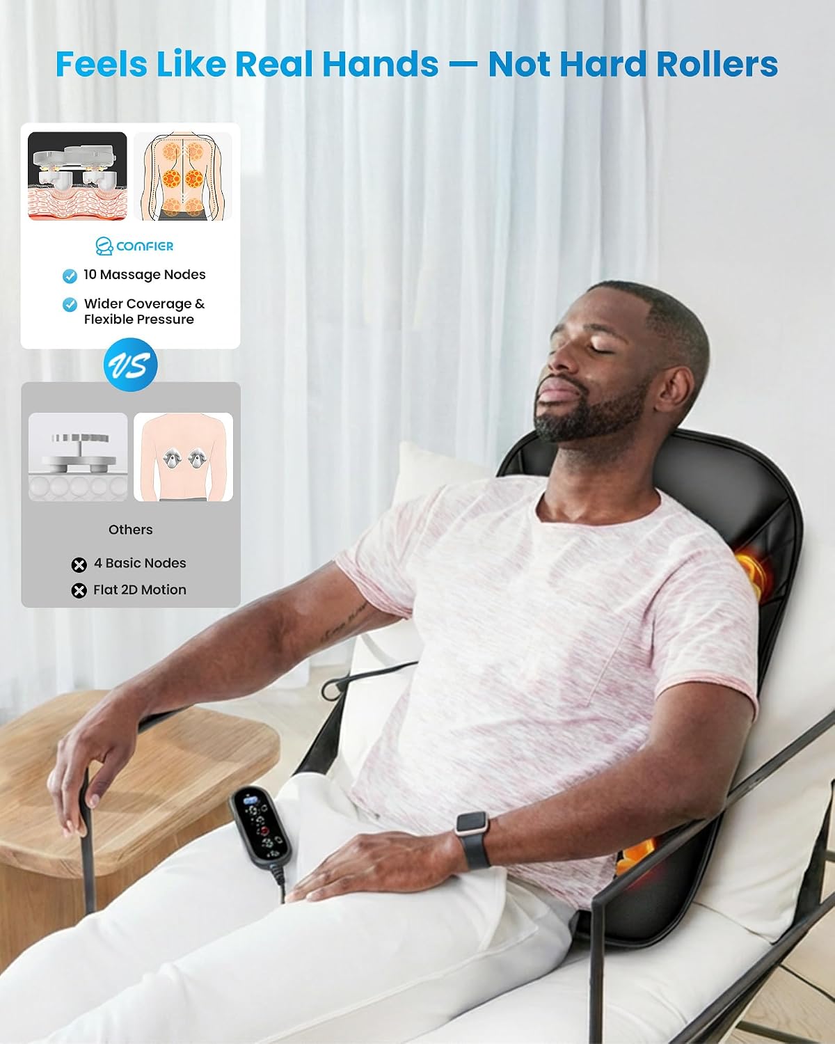 COMFIER 2026 Upgrade Ultra-Slim Heated Back Massager for Chair,Up–Down Moving 10 Massage Nodes,Deep Tissue Shiatsu Back Massager with Heat,Upper/Lower/Full Back Relief,Gift for Women & Men