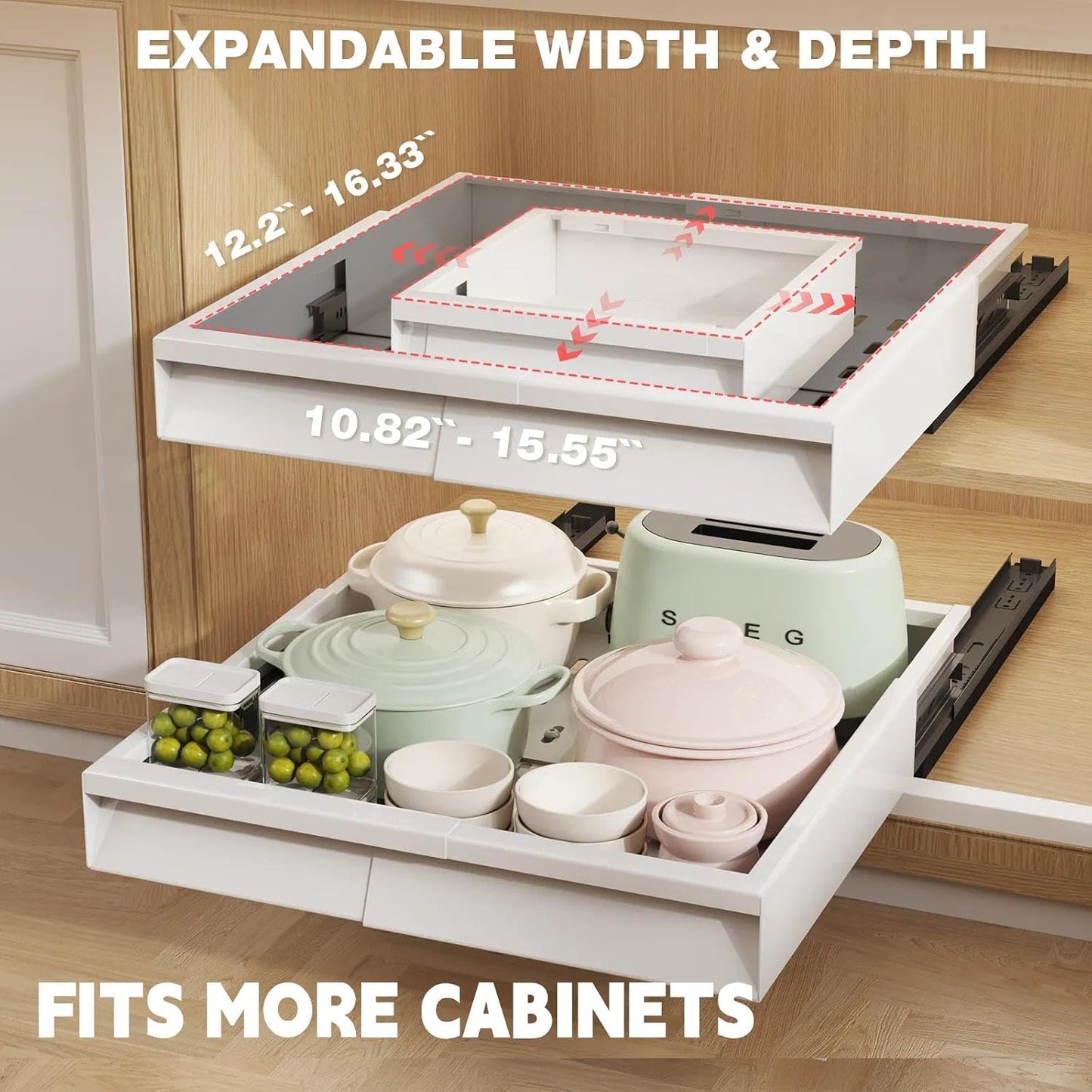 Seinloes Pull Out Cabinet Organizer, 4-Side Expandable to Fit Most Cabinets, 3 Rail Slide Out Drawers with Raising Pad for Framed & Frameless Cabinets, 13"-21" W x 17"-24" D, White, 2 Pack