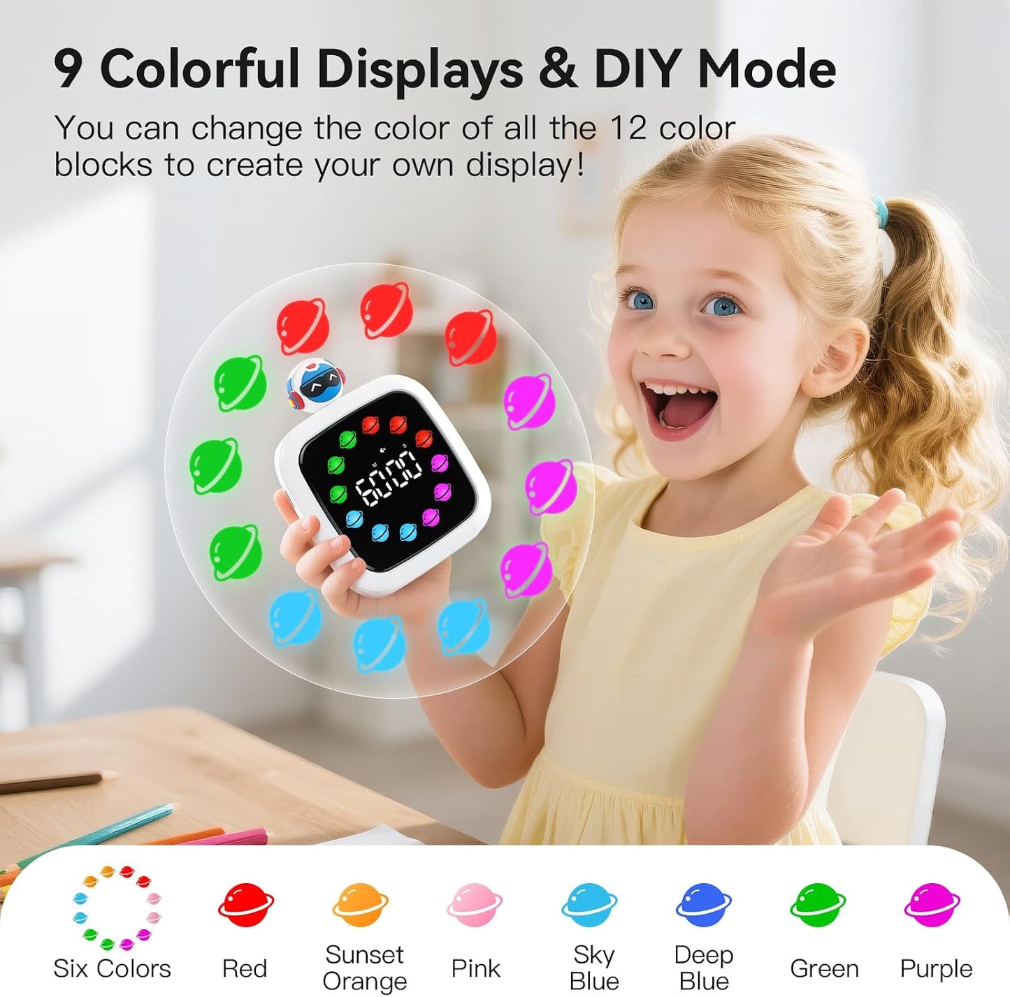 Yunbaoit Digital Visual Timer for Kids, 99-Minute Countdown, Rechargeable | 19 Music Alarm, Pause Function, 9 Optional DIY Color Planet Display, Robot Doll, for Study, Homeschool, Kitchen