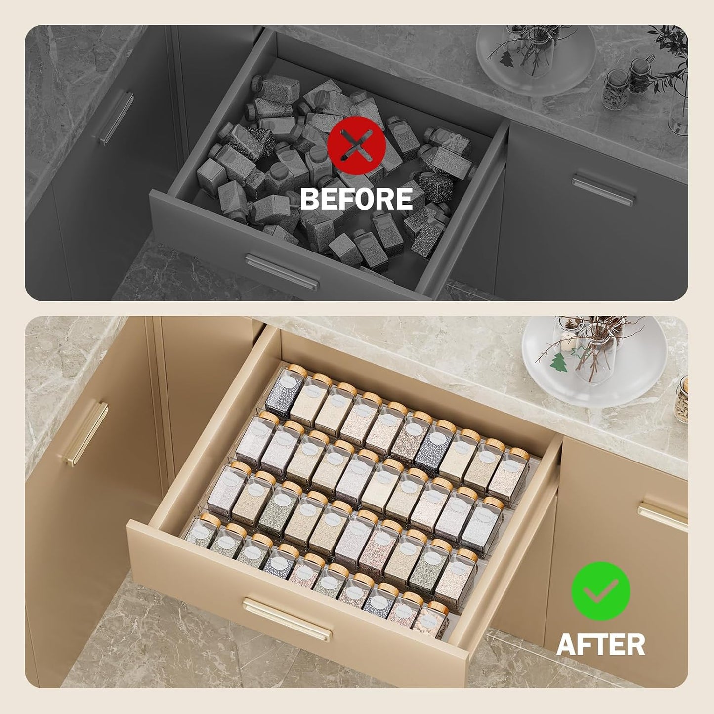 Spice Drawer Organizer, 8 Pack Clear Seasoning Organizer Rack | Expandable From 11" to 22" Wide, Kitchen Spice Rack Organizers for Drawer, Countertop, (Jars Not Included)