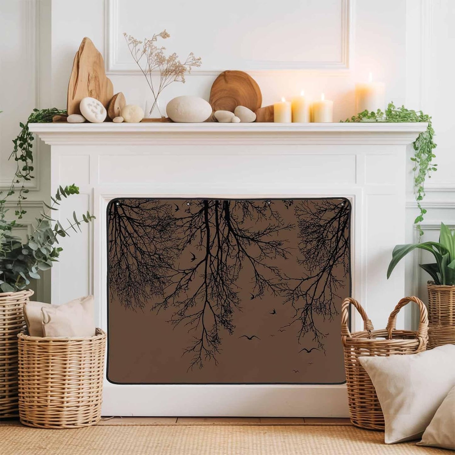 Magnetic Fireplace Cover Tree Branches Bird Fireplace Screen Decorative Brown Black Twigs Deadwood Insulation Fireplace Blocker Save Energy Fireplace Draft Stopper Covers for Living Room 45x34 Inch