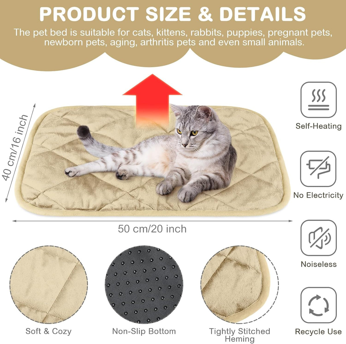 2 Pack Self Heating Cat Mat Self Warming Pet Pads Washable Kennel Mat Dog Crate Pad Reflects Body Heat Non Skid Cat Thermal Pads for Puppy Indoor Outdoor(Black,16 x 20 Inches)