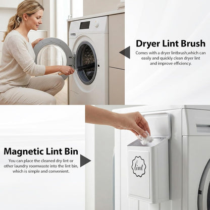 Magnetic Lint Trash Can, Metal Wall Mounted Lint Bin with Lid for Dryer, Laundry Room Organization, Lint Basket with Extended Soft Brush