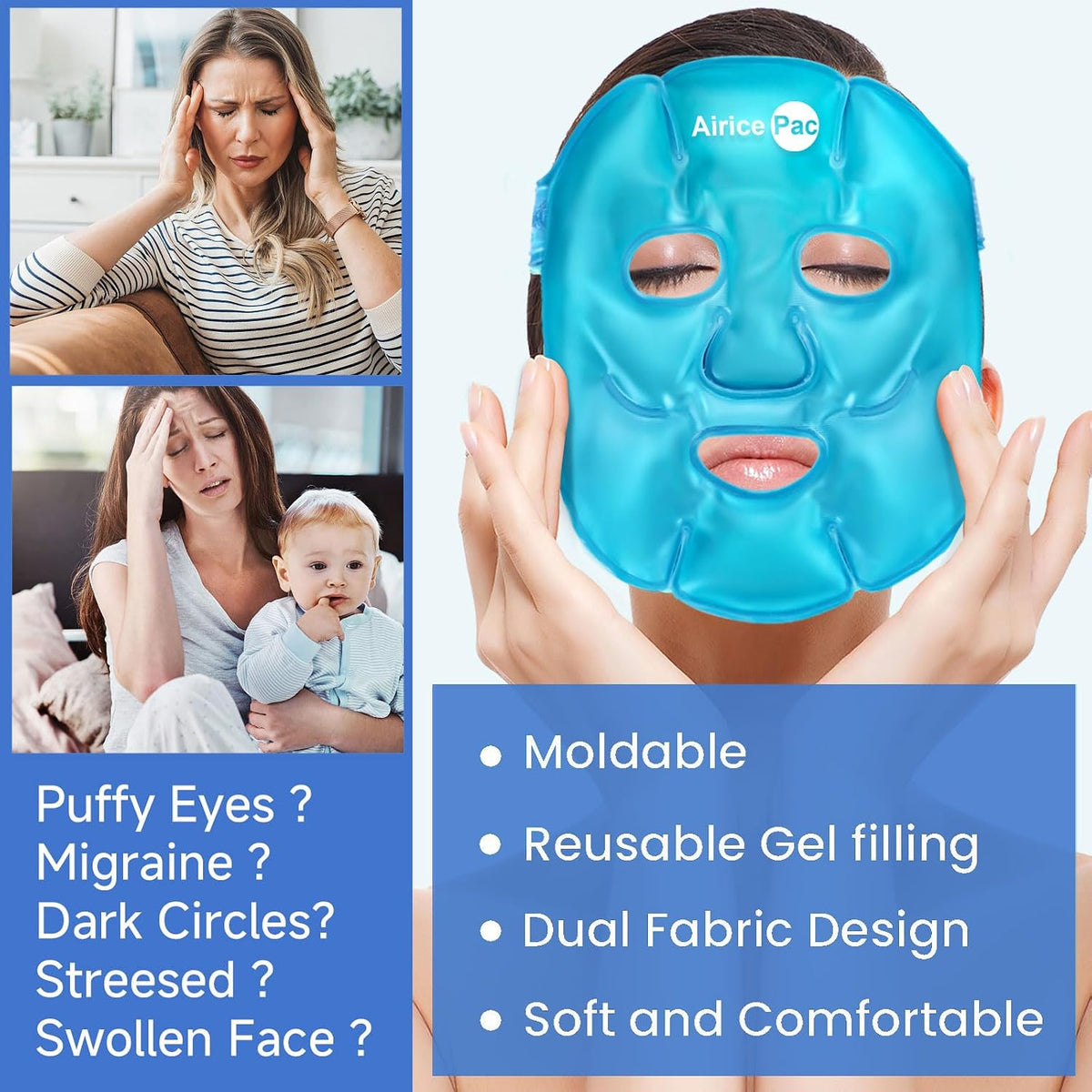 AiricePac Colding Ice Face Mask and Cooling Eye Mask for Puffy Eyes & Migraine Relief, Gel Eye Mask, Cool Face Masks for Dark Circles, Eye Surgery, Sleeping, Pressure, Headaches, Skin Care