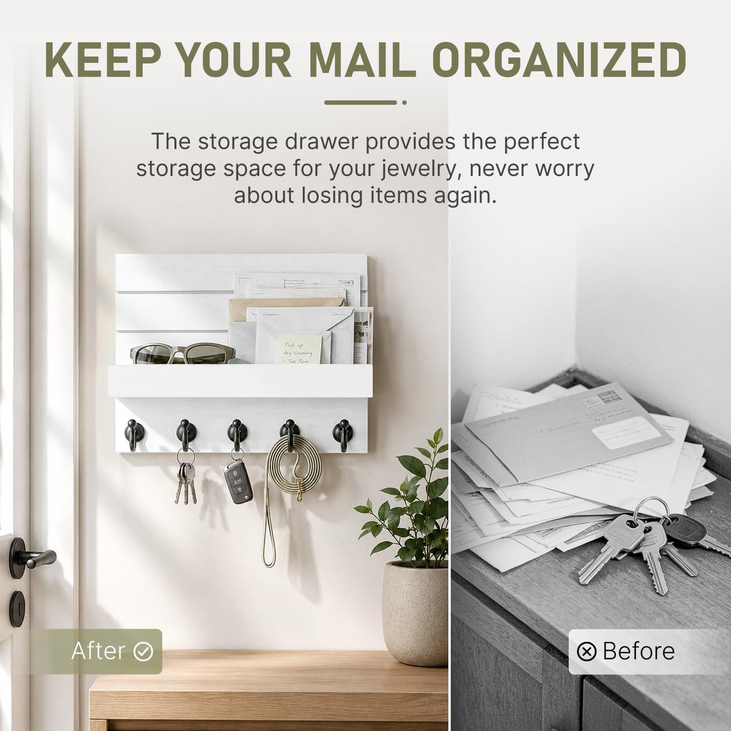 HONJIN Key Holder Wall Mount with Shelf and 5 Sturdy Key Hooks (White) | Key and Mail Holder Wall Mount, Wooden Entryway Organizer and Decorative, Easy Installation, 10*3.8*6.85 Inch