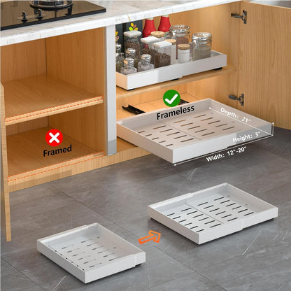 4 Pack Expandable Pull Out Cabinet Organizer | fixed by nano adhesive film,heavy duty sliding drawer,suitable for kitchen,pantry cabinet storage