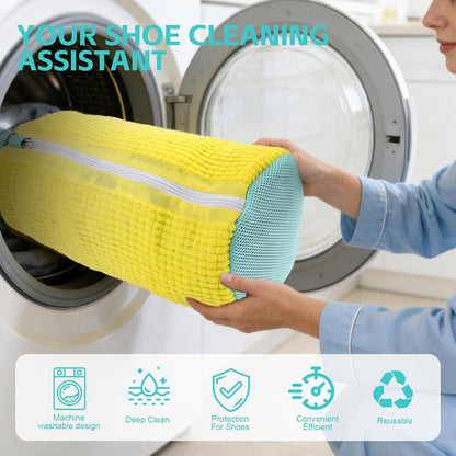 Shoe Washing Machine Bag Reusable Sneaker Washing Bag with Built-in Fluffy Brushes for 360° All-Around Cleaning, Laundry Shoe Bag is Designed for Washer and Dryer （Yellow 2pcs）