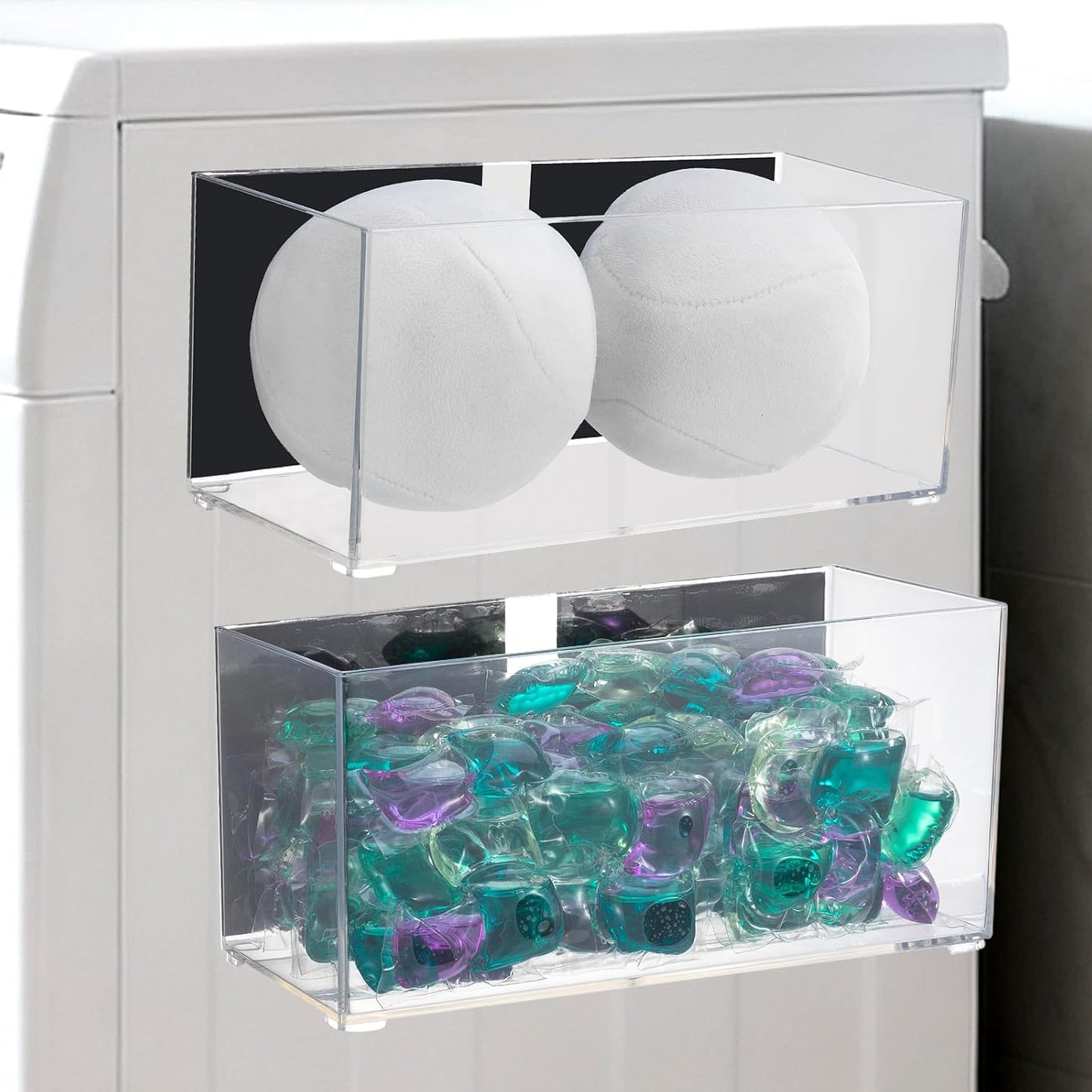 Magnetic Dryer Ball Holder for Laundry Room Organization, Clear Lint Bin with Adhesive Hook, Iron Dryer Ball Container Box for Laundry Room, Office, Bathroom & Craft Supplies, 1Pcs