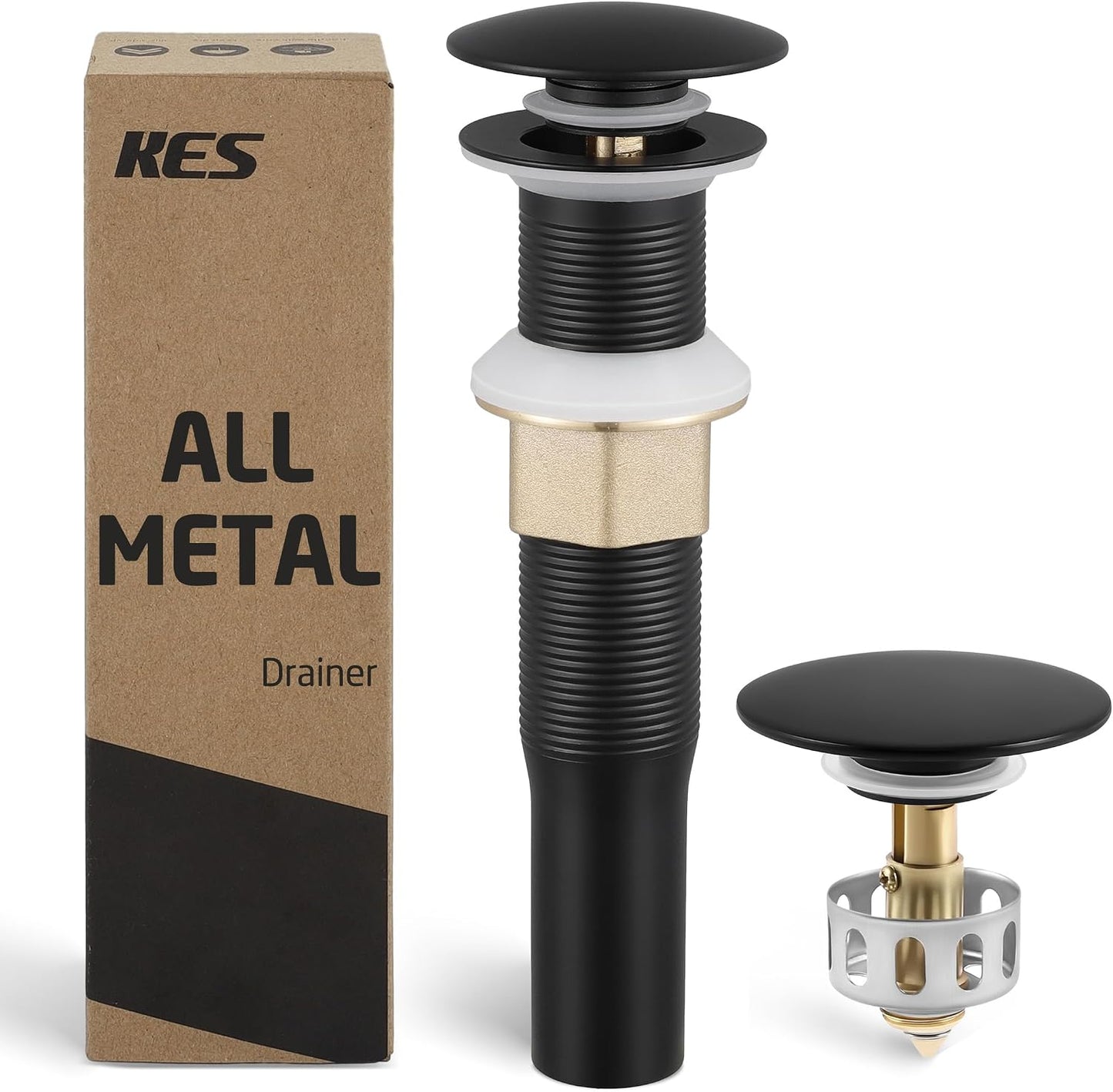 KES All Metal Bathroom Sink Drain with Strainer Basket Hair Catcher Anti Clog Pop Up Drain Stopper for Lavatory Vanity Vessel Sink with Overflow, Rustproof 18/8 Stainless Steel Matte Black S2013A-BK