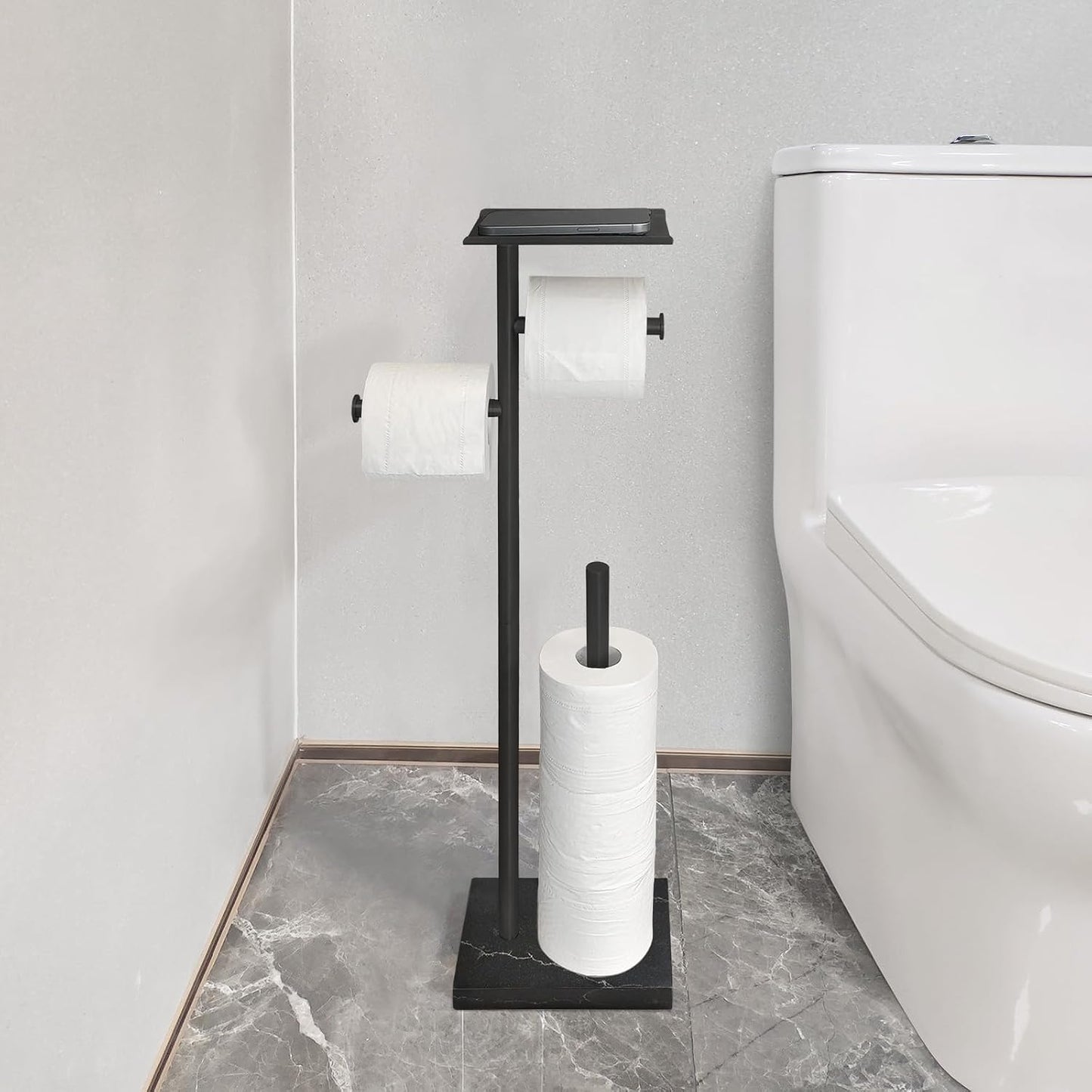GZILA Toilet Paper Holder Stand with Shelf, Marble Base Heavy Free Standing Toilet Paper Double Roll Holders SUS304 Stainless Steel Brushed Nickel, Storages 4 Reserve Rolls Dispenser