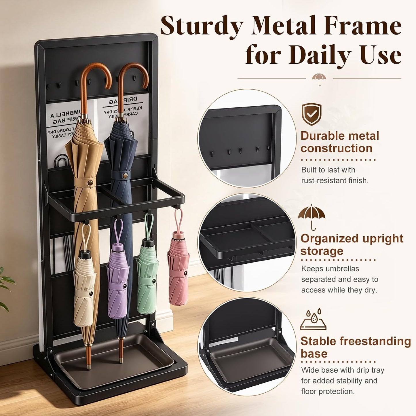 Wet Umbrella Stand with Bag Holder, Entryway Organizer with Drip Tray