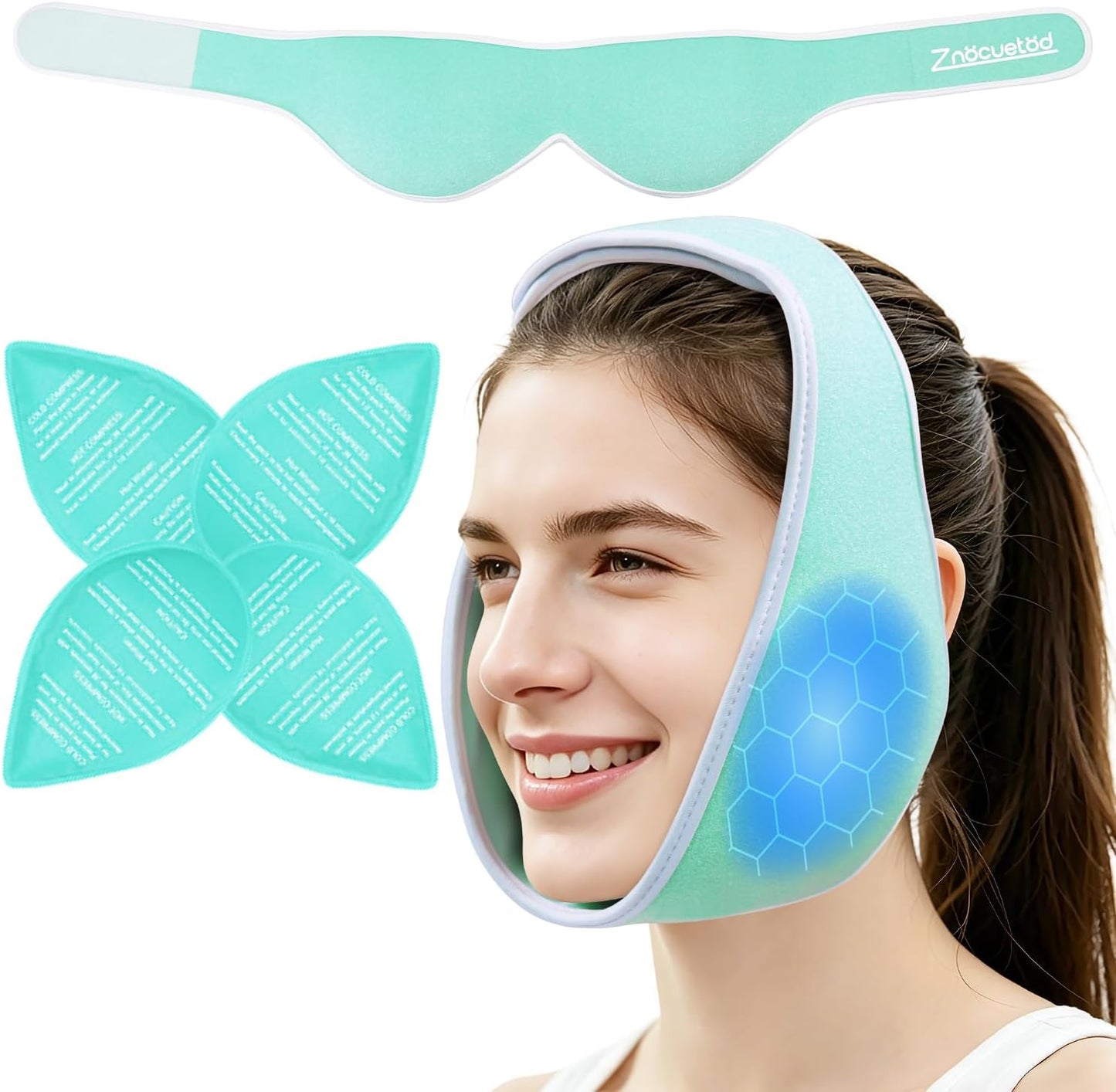 ZNÖCUETÖD Wisdom Teeth Ice Pack Face Head Wrap for Wisdom Teeth Removal Toothache Pain Relief, TMJ, Jaw Ice for Face Oral Surgery, Dental Implant with 4 Reusable Hot Cold Gel Packs (Mint Green)