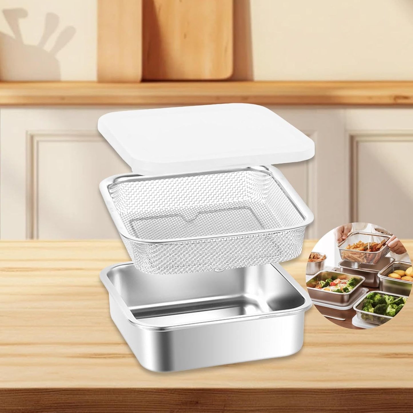 Stainless Steel Food Container with Strainer Colander Set Fridge Organizer Bin Multifunctional Kitchen Drain Basket for Lettuce Fruits, Vegetables, 1500ml