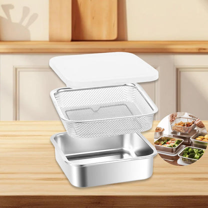 Stainless Steel Food Container with Strainer Colander Set Fridge Organizer Bin Multifunctional Kitchen Drain Basket for Lettuce Fruits, Vegetables, 1500ml