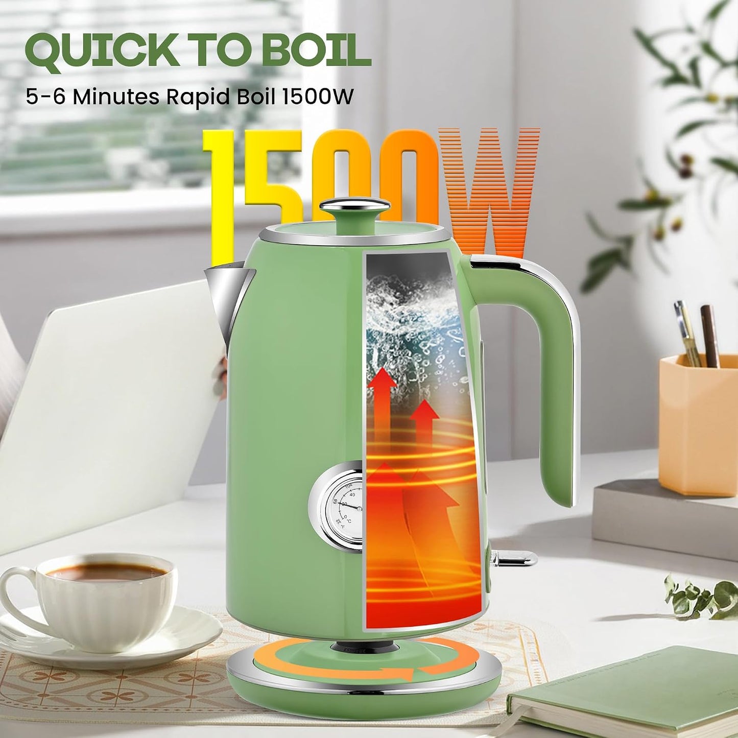 PUKOMC Electric Kettle,1.7L Stainless Steel Electric tea kettle | Temperature Gauge, Fast Boiling, Auto Shut - off, BPA - Free, Boil - Dry Protection 1500W,LED Light,Easy clean