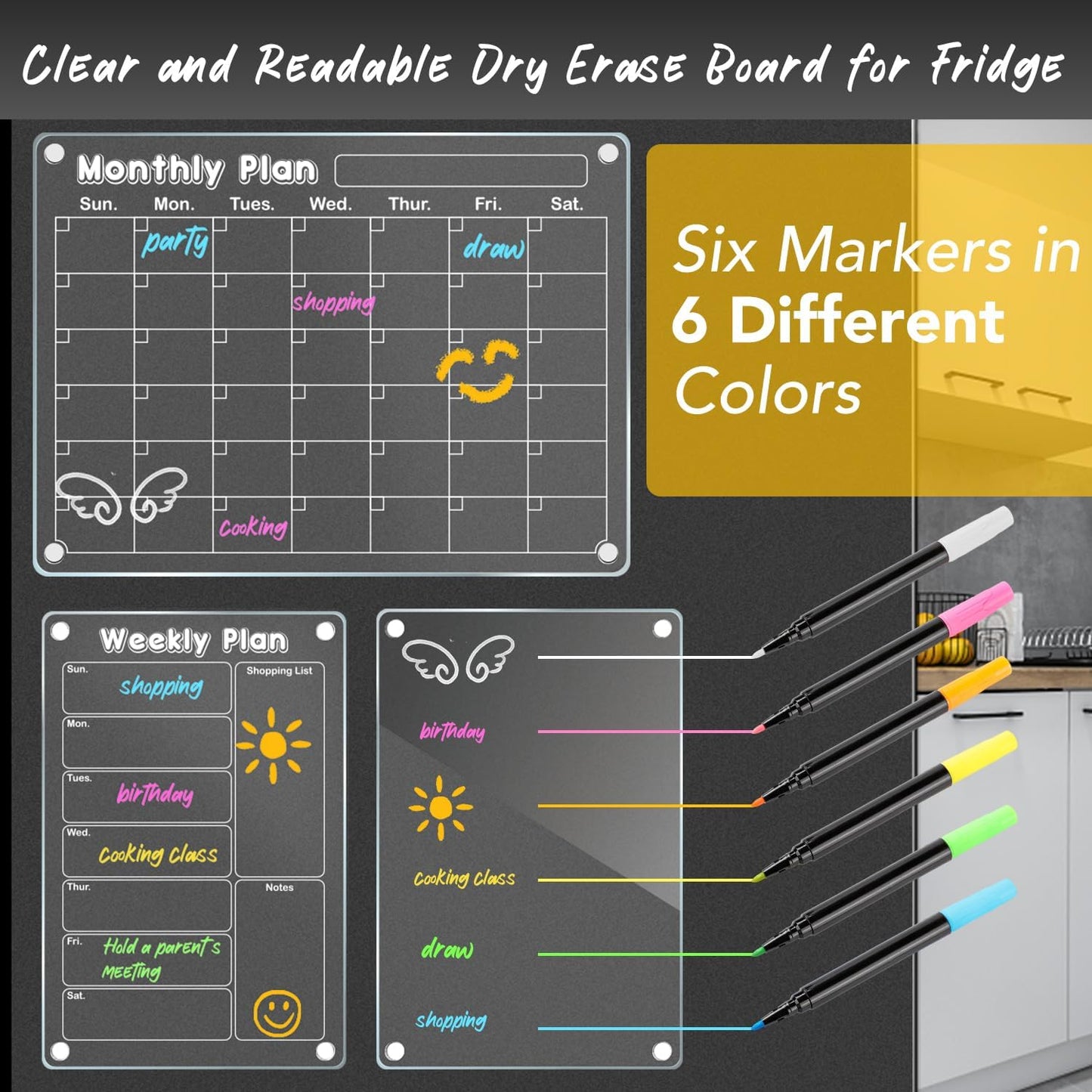 DIYMAG Magnetic Calendar, Fridge Magnets for Whiteboard 4 PCS Dry Erase | Clear Monthly Weekly Daily Memo Acrylic Planning Boards Apartment Essentials for Refrigerator