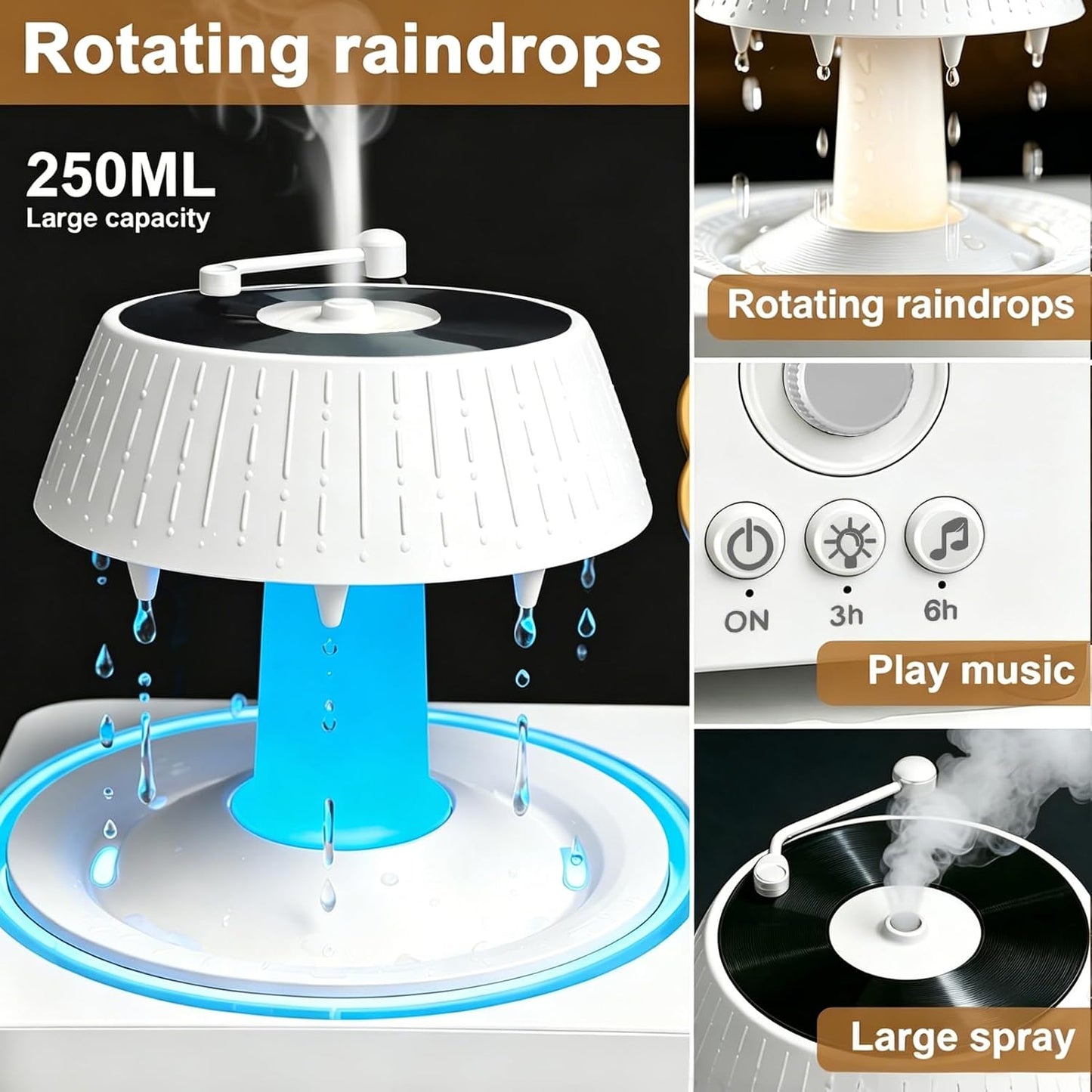 Morbou Raindrop Aroma Diffuser Room Humidifier with White Noise, 7-Color Air Mist Essential Oil Diffuser Sleep Sounds Aroma Rain Drop, with Remote Control (Brown)