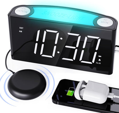 Vibrating Alarm Clock with Bed Shaker for Heavy Sleepers, Beside Clock with Night Light for Bedrooms, 2 USB Chargers,Large LED Display with Dimmer,Snooze 12/24H DST, Battery Backup | Powerful bed shaker with 3 wake modes, large dimmable LED display,
