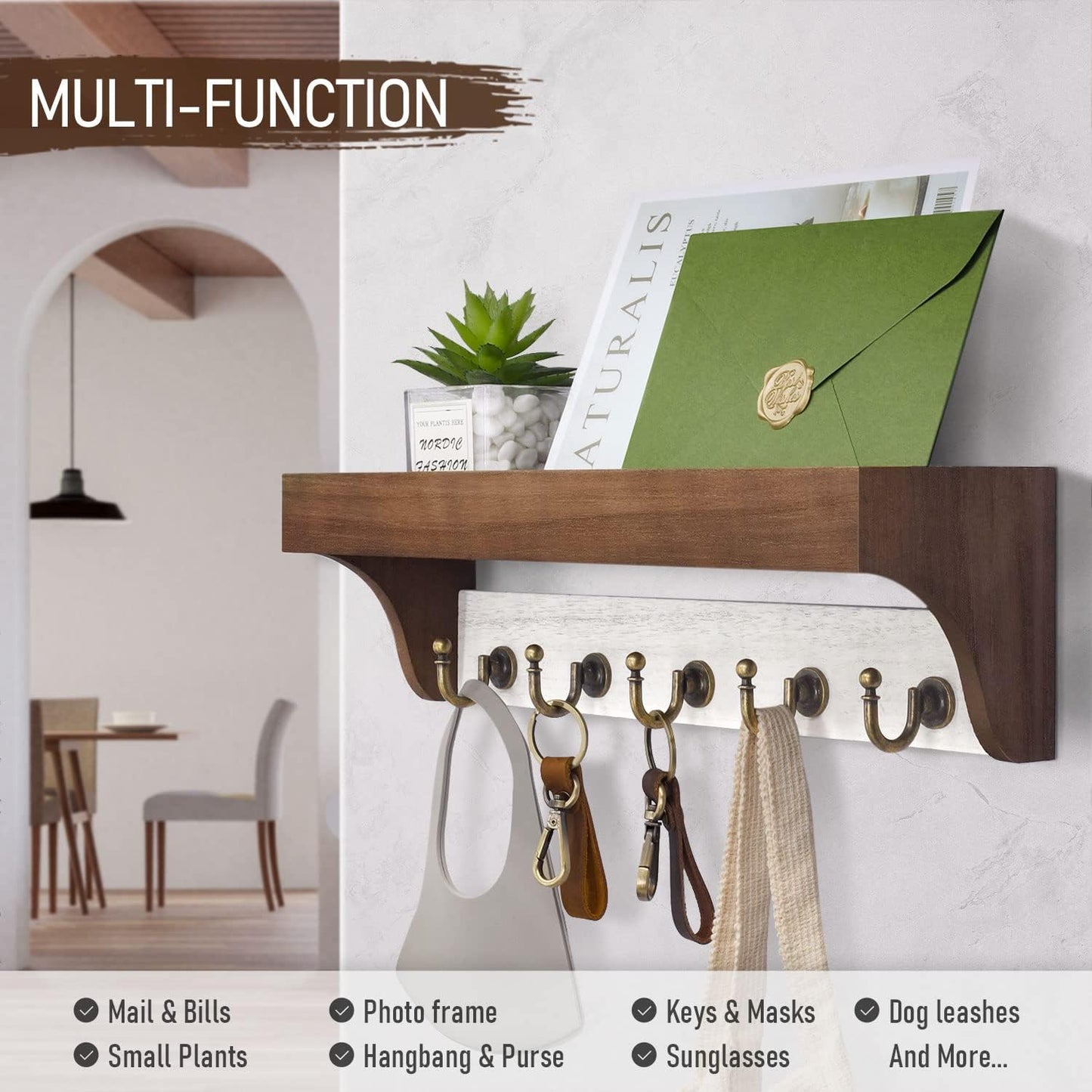 Rebee Vision Key Holder Wall Mount with 5 Hooks for Entryway, Retro Brown | Display Shelf for Plant & Letters, Key Shelf for Hats, Dog Leashes, Mail Organizer, Decorative Entryway & Living Room