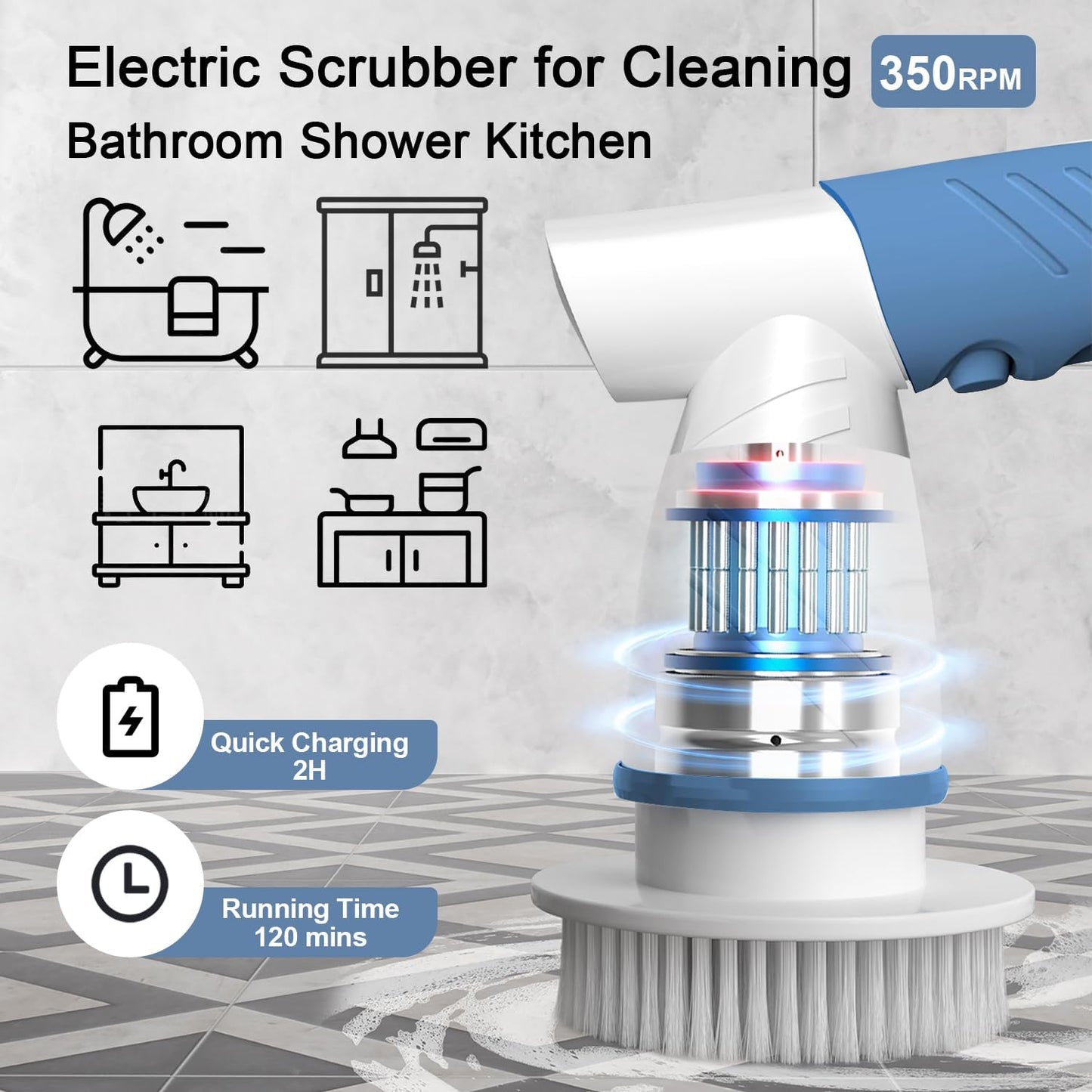 Electric Spin Scrubber, Bathroom Shower Electric Scrubber for Cleaning Tub/Tile/Floor/Sink/Window, Power Cleaning Brush Rechargeable Cordless with 4 Replaceable Cleaner Brush Heads