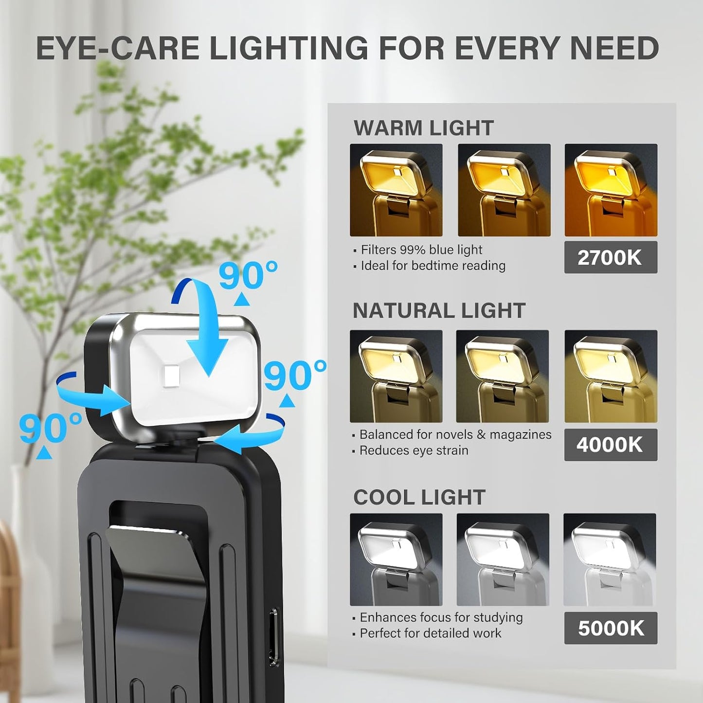 KTEBO 2 Pack Rechargeable Book Light Clip-On Reading Light for Books in Bed | 9 eye-friendly modes from 3 color temperatures and 3 brightness, USB-C up to 30 hrs - Black & Black