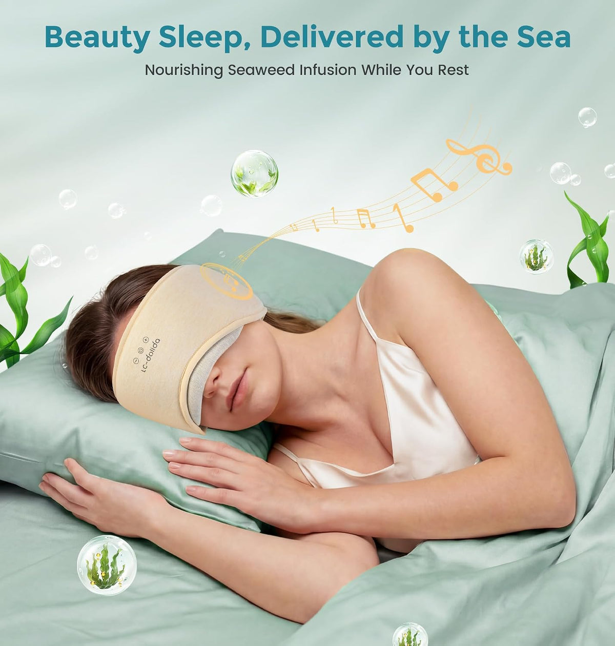 LC-dolida Sleep Masks with Bluetooth Headphones, Soft Seaweed Fiber Cotton Bluetooth Sleep Mask, Total Blackout Fully Wrapped Sleep Mask for Side Sleepers, Travel Meditation Gift, Green