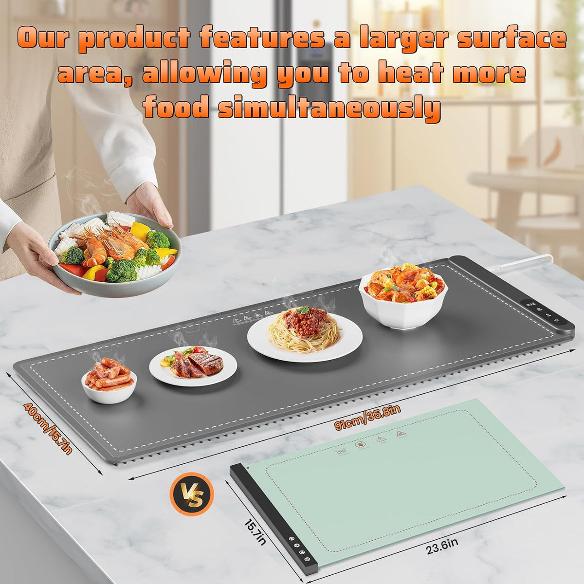 Fast Heating Warming Mat for Food, XL 36"x16", Electric Food Warmer with 6 Level Adjustable Temperature and 6 Hours Timer, Full-Surface Portable Warming Pad Trays for Buffets Party