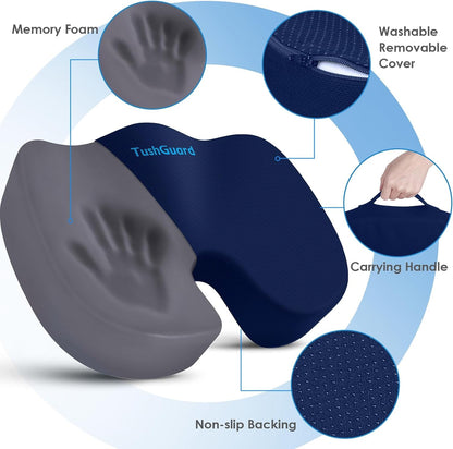 TushGuard Seat Cushion for Office Chair, Car, Memory Foam, Black Large | For Back, Coccyx, Sciatica, Tailbone Pain, Ergonomic Design, Non-Slip, Desk Wheelchair Use, Supportive Butt Pillow, For Man
