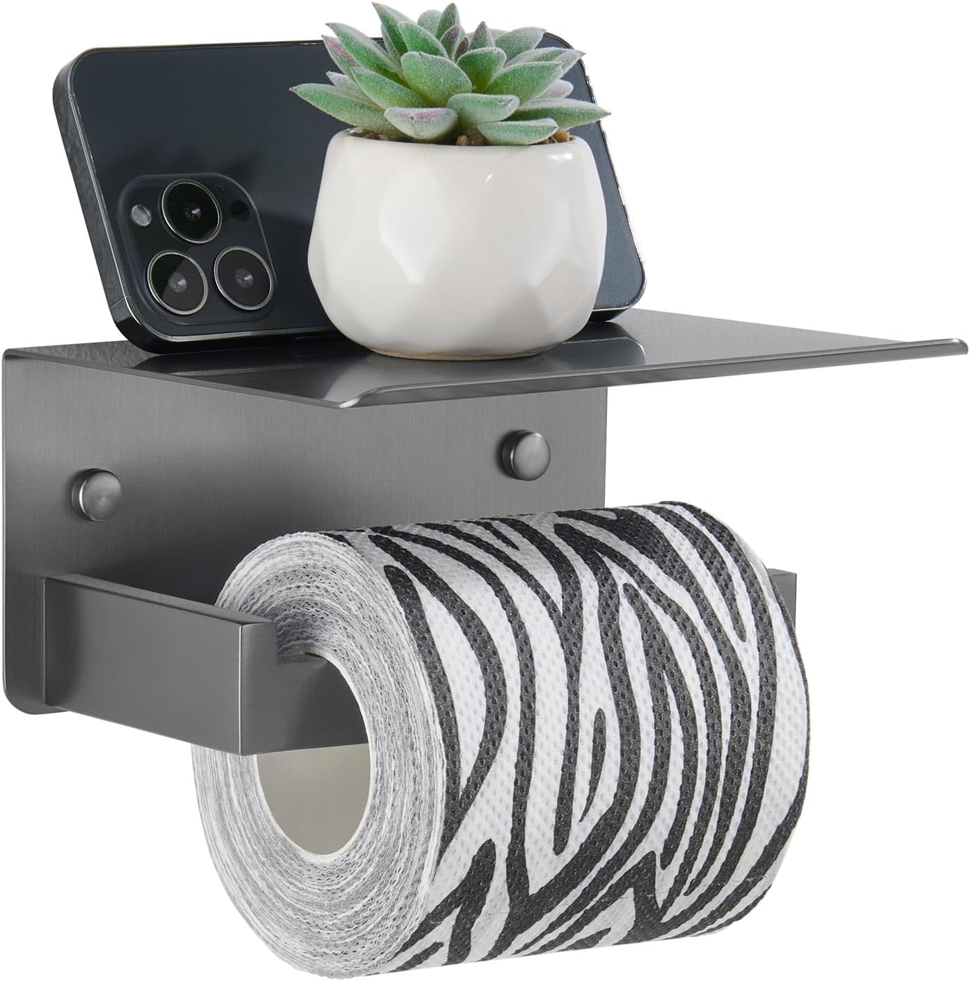 APLusee Matte Black Toilet Paper Holder with Storage Shelf, Wall Mounted | Rustproof 304 Stainless Steel, 2-in-1 Functional Toilet Paper and Phone Storage, Fits Bathroom, Restroom, Vanity, Kitchen