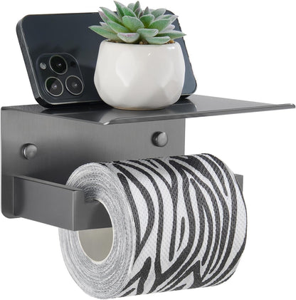 APLusee Matte Black Toilet Paper Holder with Storage Shelf, Wall Mounted | Rustproof 304 Stainless Steel, 2-in-1 Functional Toilet Paper and Phone Storage, Fits Bathroom, Restroom, Vanity, Kitchen