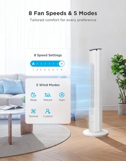 GoveeLife 36 in. Black Tower Fan for Bedroom, 5 Modes 8 Speeds up to 25ft/s