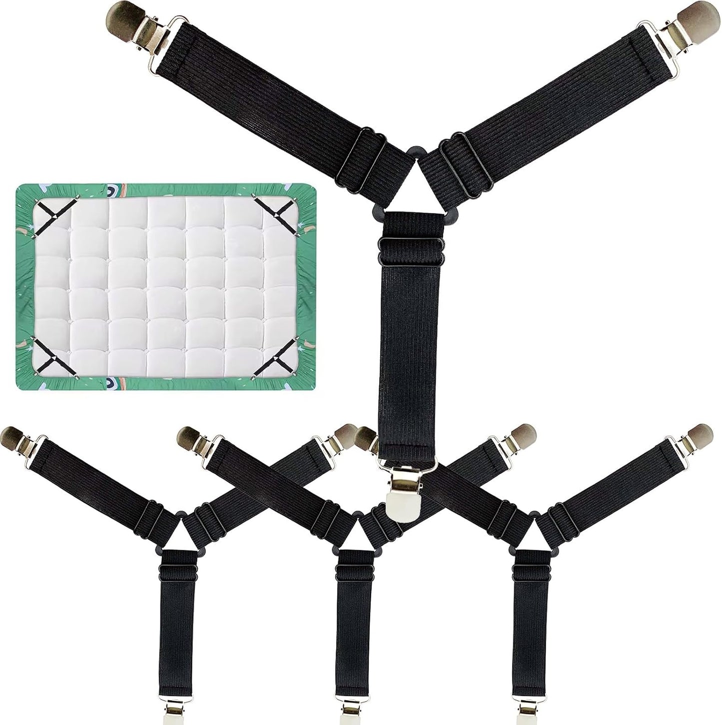 4PCS Bed Sheet Holder Straps – Triangle Adjustable Elastic Fasteners with Metal Clips, Heavy Duty Sheet Suspenders for Fitted & Flat Sheets, Mattress Covers, Sofa Cushions