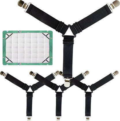 4PCS Bed Sheet Holder Straps – Triangle Adjustable Elastic Fasteners with Metal Clips, Heavy Duty Sheet Suspenders for Fitted & Flat Sheets, Mattress Covers, Sofa Cushions