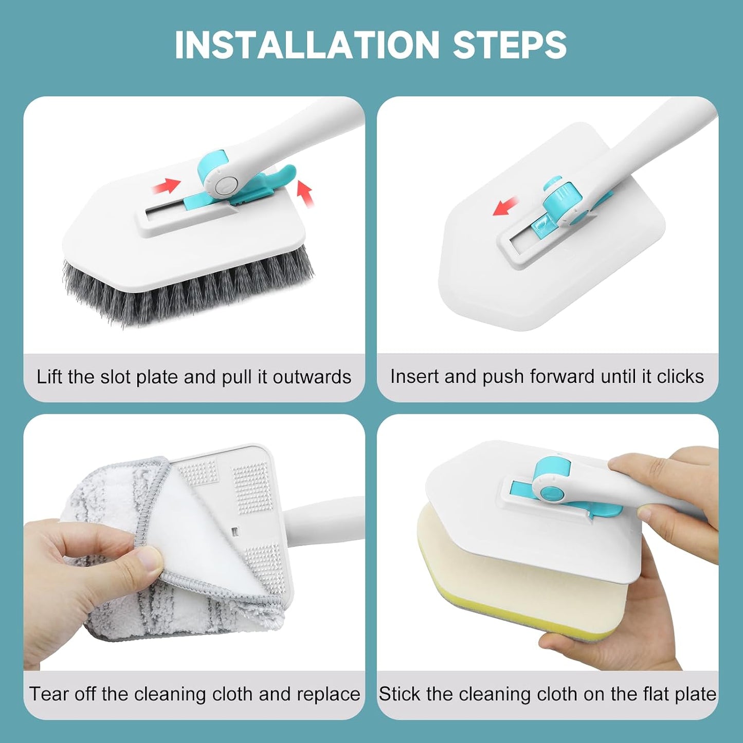 nacena Shower Scrubber with Long Handle, 4 in 1 Tile Tub Scrubber Brush with 3 Detachable Cleaning Heads and V-Shaped Grout Brush Shower Cleaner Brush for Bathroom Kitchen Toilet Tub Sink Wall, Black