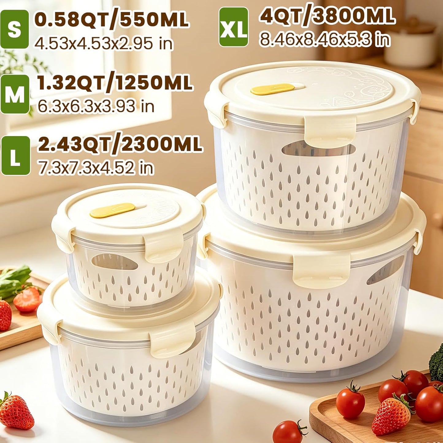 TBMax Fruit Storage Containers for Fridge Organizers and Storage, 4 Pack Large Produce Saver with Airtight Lid & Colander for Berry Lettuce Salad Vegetable Storage, Refrigerator Organizers
