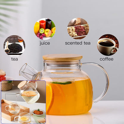 60.8oz Glass Teapot, Stovetop & Microwave Safe Glass Borosilicate Tea Pot,Clear Teapot with Strainer, Glass Tea Kettle with Wooden Lid, Loose Leaf、Fruit Tea and Fragrant Tea