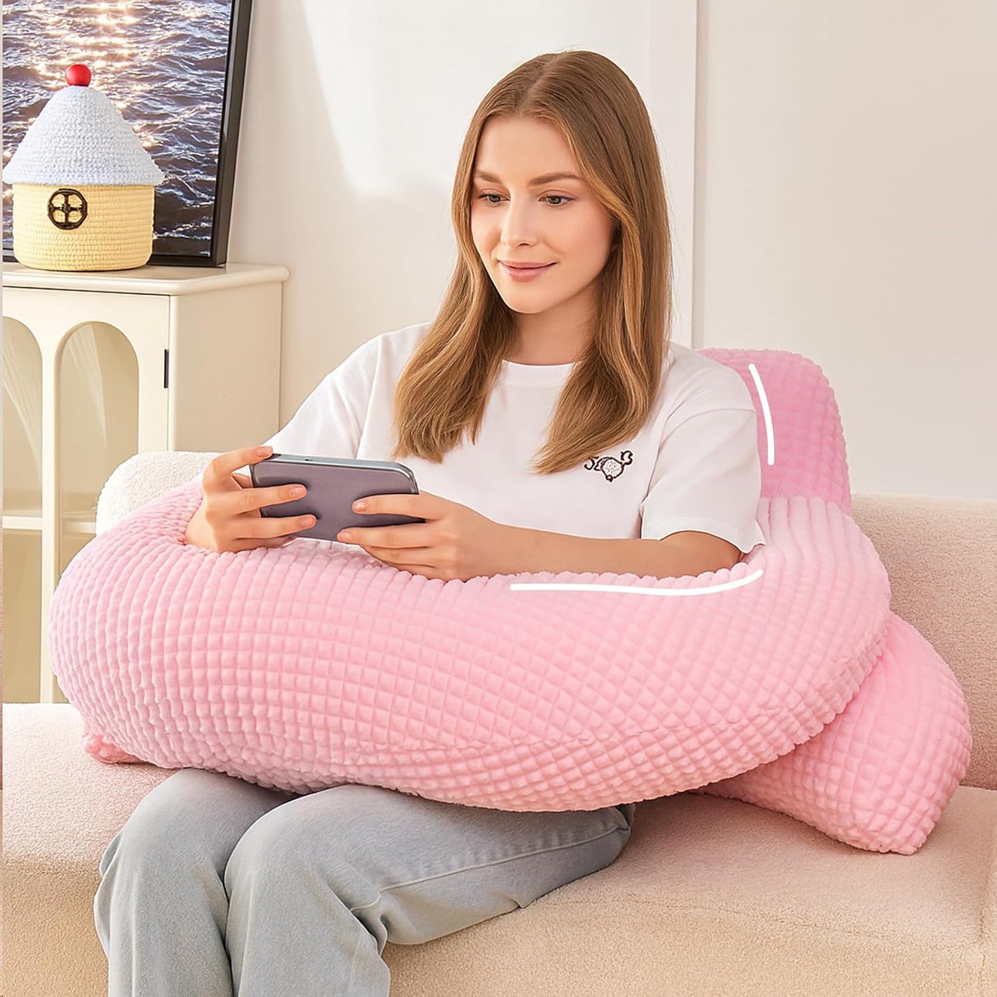 Reading Pillow with Arms for Sitting in Bed,Backrest,White Flannel,M | 17" Backrest Supports Back for College Students,Elbows & Forearms for Dorm Reading,Gaming,Watching TV