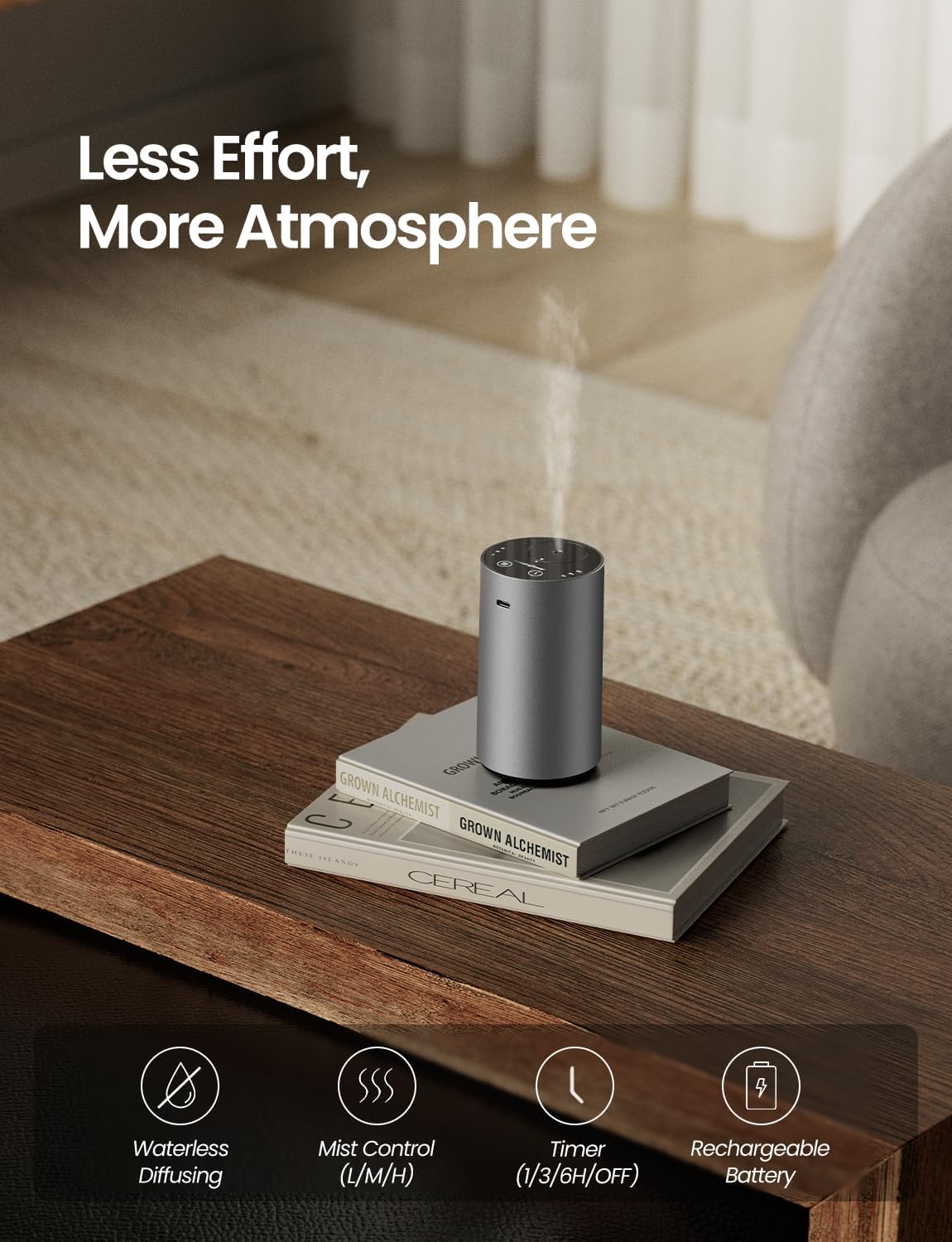 Waterless Essential Oil Diffuser, Rechargeable Scent Diffusers with 3 Mist Levels & Timers, Portable Aromatherapy Diffuser for Home Car Room Studio Office, Black Metal