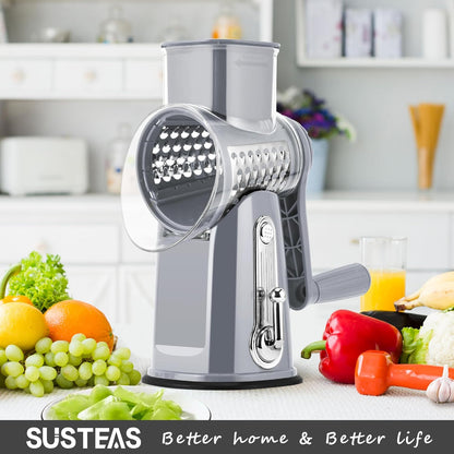 SUSTEAS Rotary Cheese Grater 5 Blades,Kitchen Mandoline Vegetable Slicer | White, Easy to Clean, Strong Suction Base, 5 Blades Storage Box, Round Mandoline Slicer & Food Chopper for Salad