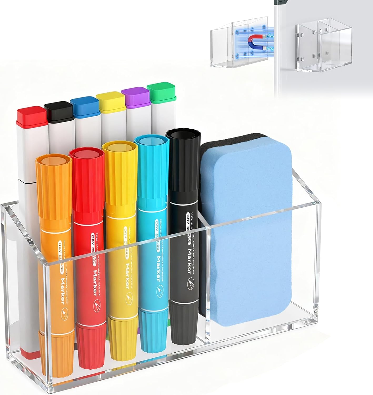 Magnetic Pen Holder for Dry Erase Markers, Strong Magnet, Clear | Sturdy Acrylic Construction, Strong Neodymium Magnet, Holds Multiple Pens and Markers, Fits Whiteboards and Refrigerators
