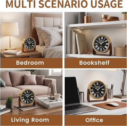 Analog Alarm Clock - 4.5" Silent Non Ticking Small Clock with Light, Rotatable Stand Metal Desk Clock Battery Operated, Simple Design for Living Room Decor/ Bedroom/Bedside/Shelf (Black & White)