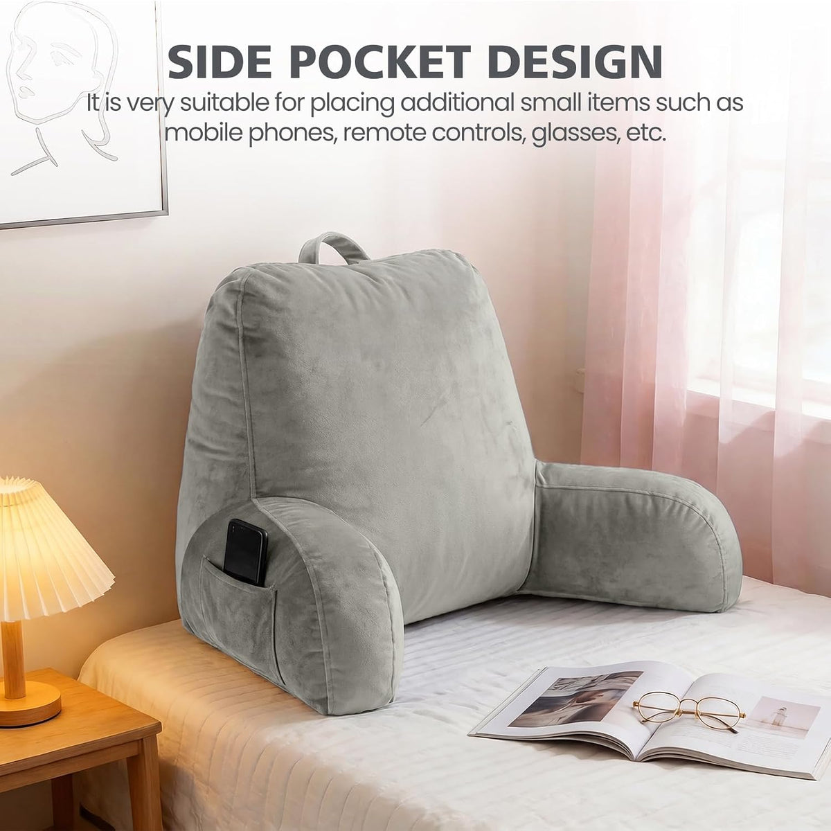 Reading Pillow with Adjustable Memory Foam,Adult Backrest with Arms, Back Pillow for Sitting in Bed with Washable Cover- Large, Gray